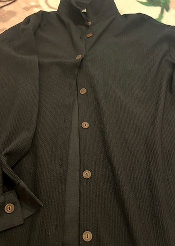 Düğmeli Siyah Keten Kadın Gömlek - Görsel 2