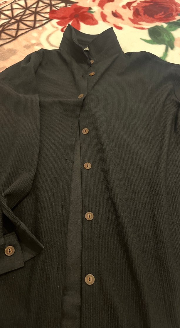 Düğmeli Siyah Keten Kadın Gömlek - Görsel 2