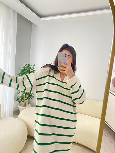 Diğer Polo Yaka Oversize Çizgili Elbise. Krem - Yeşil