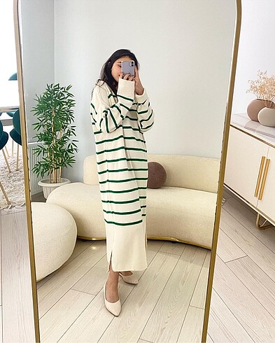 diğer Beden Polo Yaka Oversize Çizgili Elbise. Krem - Yeşil