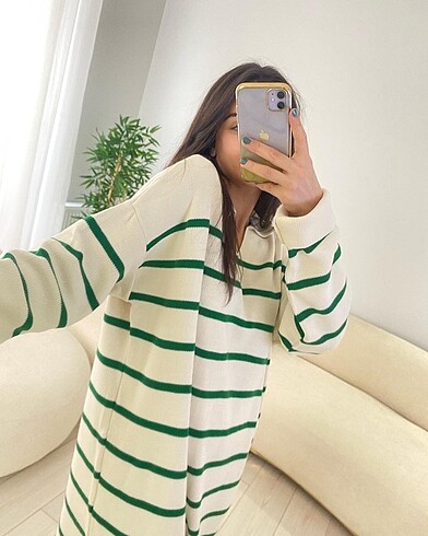 diğer Beden yeşil Renk Polo Yaka Oversize Çizgili Elbise. Krem - Yeşil