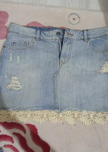 Dantel Detaylı Mavi Mini Kot Etek - Görsel 2