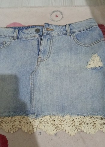 Dantel Detaylı Mavi Mini Kot Etek - Görsel 3