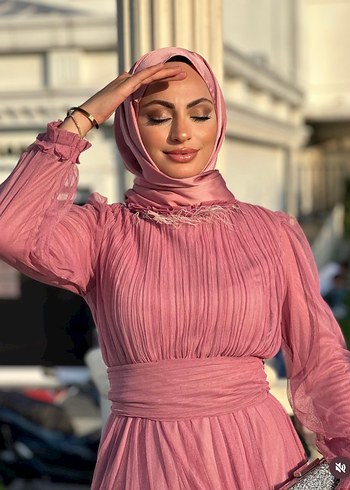 Abiye Pembe Drapeli Uzun Bohem Tesettür Elbise