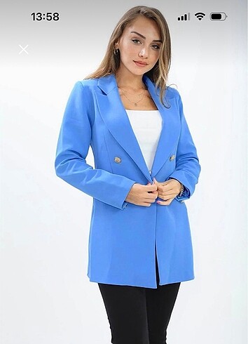 Vatkalı Gold Düğmeli Uzun Blazer Ceket Bebek Mavisi
