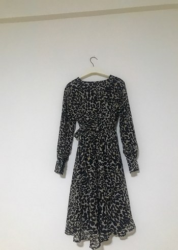Zara Gri Zebra Desenli Uzun Kollu Midi Elbise