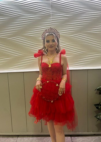 Abiye Boncuk İşlemeli Kırmızı Mini Straplez after elbisesi