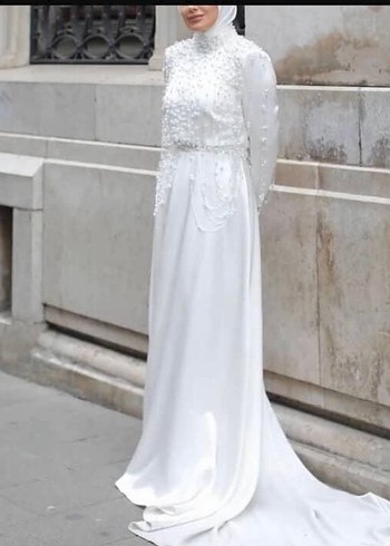 İnci İşlemeli Uzun Kollu Beyaz Nikah elbisesi - Görsel 4