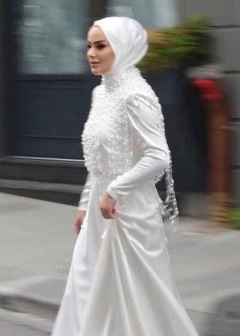 İnci İşlemeli Uzun Kollu Beyaz Nikah elbisesi - Görsel 2