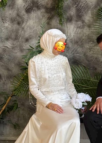 İnci İşlemeli Uzun Kollu Beyaz Nikah elbisesi - Görsel 3
