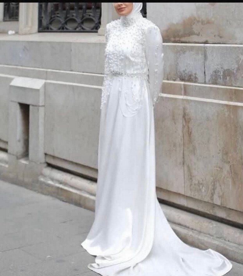 İnci İşlemeli Uzun Kollu Beyaz Nikah elbisesi - Görsel 4