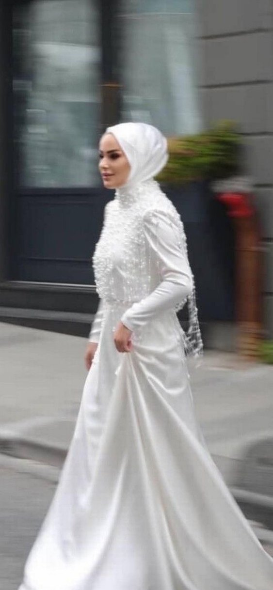 İnci İşlemeli Uzun Kollu Beyaz Nikah elbisesi - Görsel 2