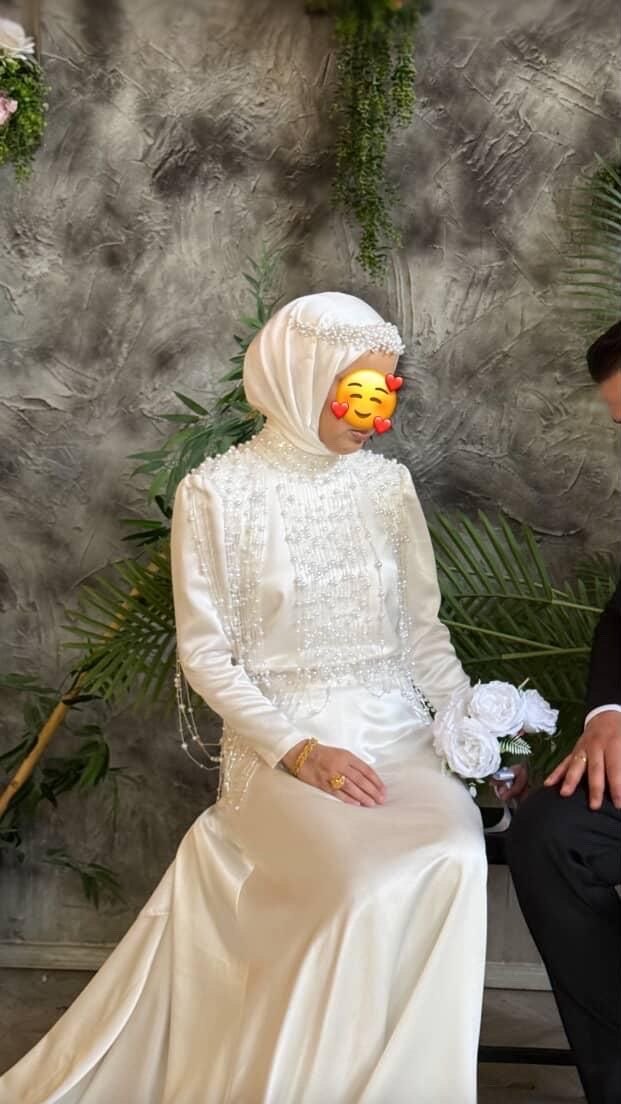 İnci İşlemeli Uzun Kollu Beyaz Nikah elbisesi - Görsel 3