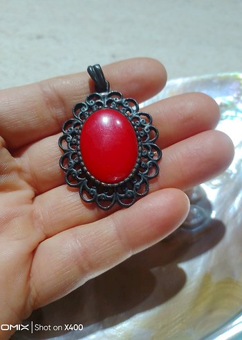 Kırmızı Boncuk İşlemeli Vintage Kolye Ucu - Görsel 3