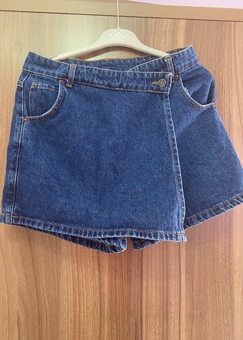 38 Beden Kemer Detaylı Koyu Mavi Mini Denim şort Etek