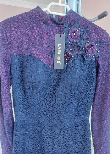 Lacivert Mor Dantel Uzun Kollu Abiye Elbise - Görsel 8