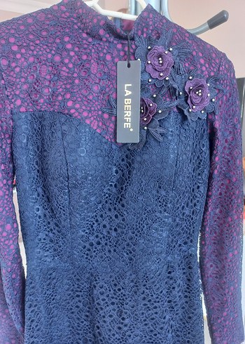 Lacivert Mor Dantel Uzun Kollu Abiye Elbise - Görsel 2