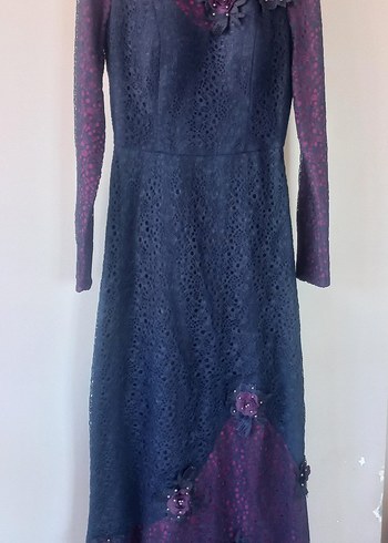 Lacivert Mor Dantel Uzun Kollu Abiye Elbise - Görsel 6