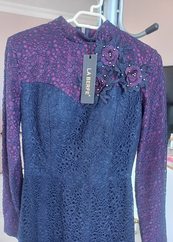 Lacivert Mor Dantel Uzun Kollu Abiye Elbise - Görsel 4