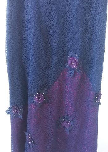 Lacivert Mor Dantel Uzun Kollu Abiye Elbise - Görsel 5