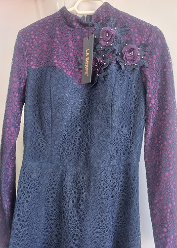 Lacivert Mor Dantel Uzun Kollu Abiye Elbise - Görsel 3