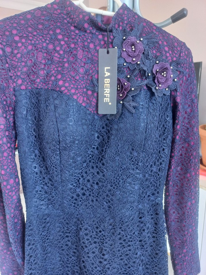 Lacivert Mor Dantel Uzun Kollu Abiye Elbise - Görsel 2