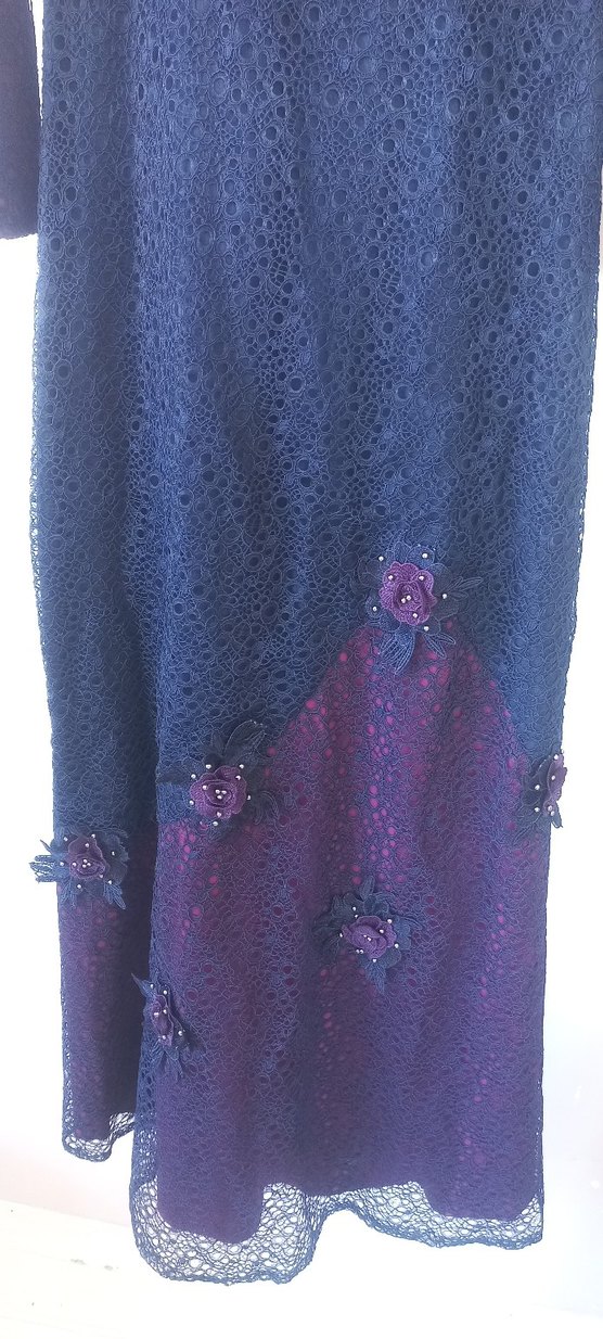 Lacivert Mor Dantel Uzun Kollu Abiye Elbise - Görsel 5