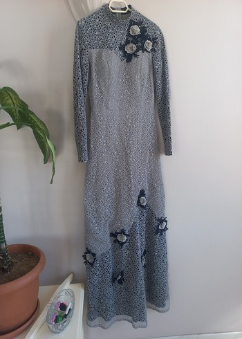 Gri Dantel İşlemeli Uzun Kollu Kadın Elbise - Görsel 4