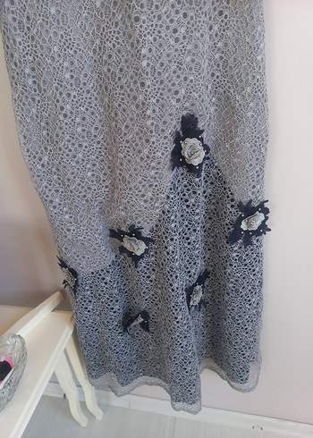 Gri Dantel İşlemeli Uzun Kollu Kadın Elbise - Görsel 3