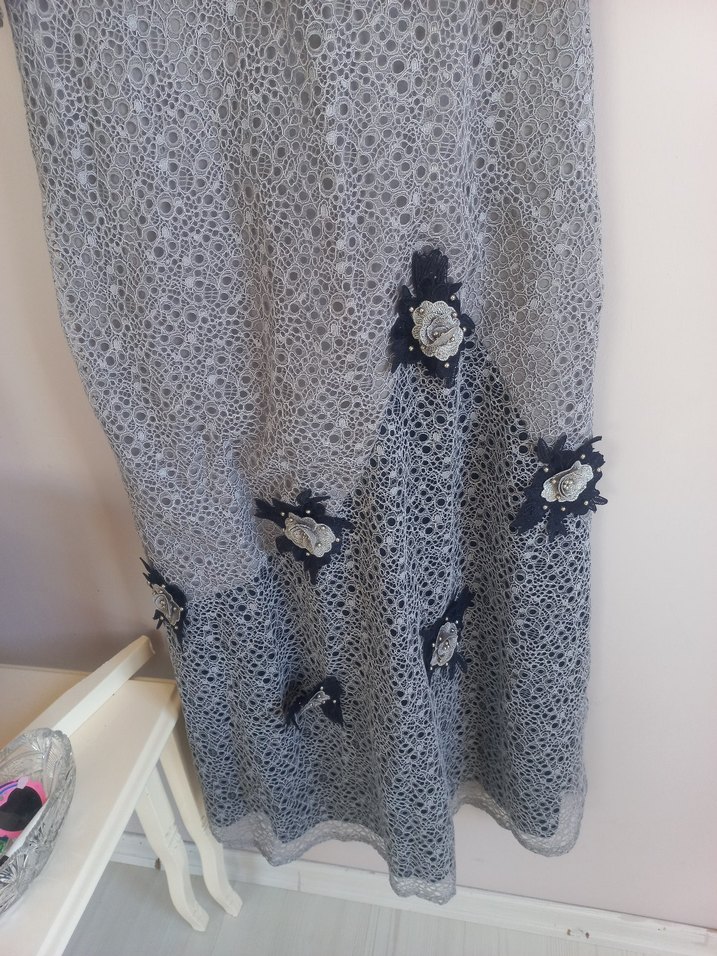 Gri Dantel İşlemeli Uzun Kollu Kadın Elbise - Görsel 3