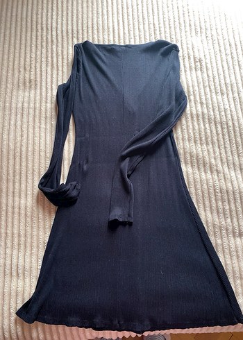 Düğmeli siyah V Yaka Uzun Triko Elbise - Görsel 2