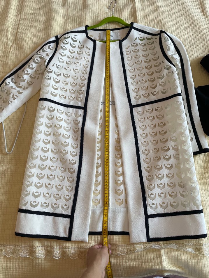 İpekyol Uzun Beyaz Dantel İşlemeli Kadın Ceket - Görsel 5