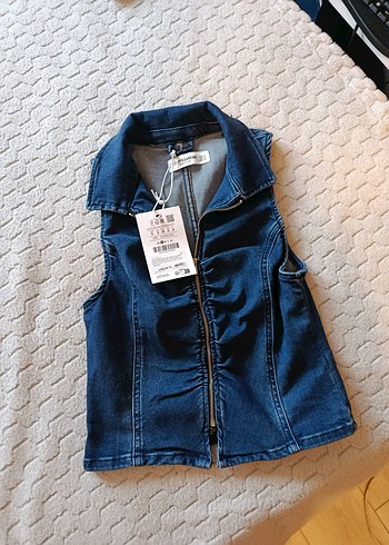 Fermuarlı Kolsuz Mavi Denim Ceket - Görsel 2