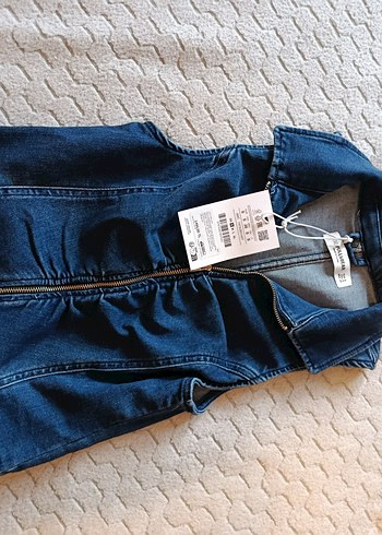 Fermuarlı Kolsuz Mavi Denim Ceket - Görsel 4