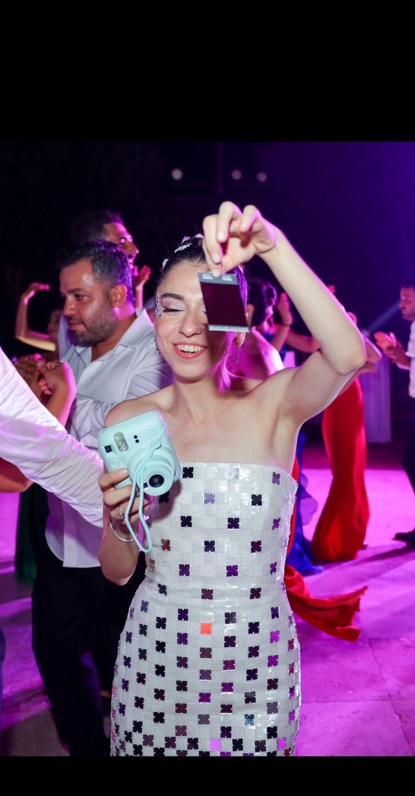 Beyaz Kareli Payetli Mini Straplez Elbise - Görsel 4