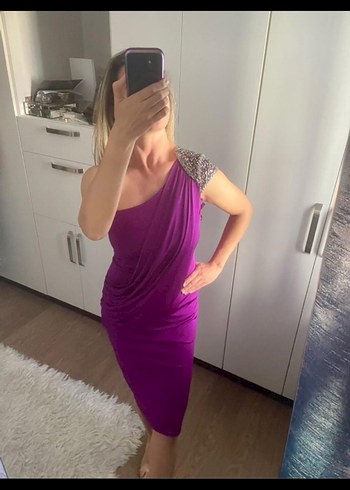 Zahara Mor Drapeli  Abiye Elbise - Görsel 3