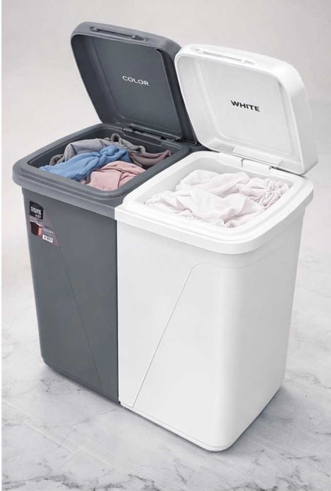 Gri Beyaz Çift Bölmeli Kirli Sepeti 90 litre - Görsel 2