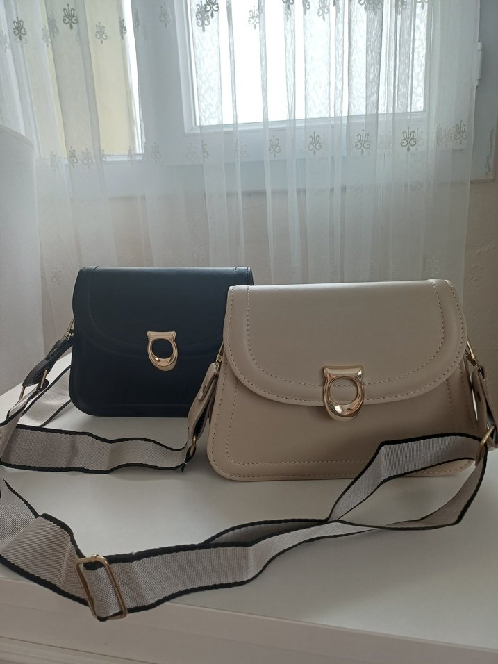 Bej Deri Kadın Çanta Siyah Gri Askılı - Görsel 3