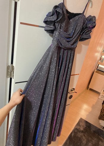 Straplez Drapeli Uzun Mor Abiye Elbise - Görsel 4