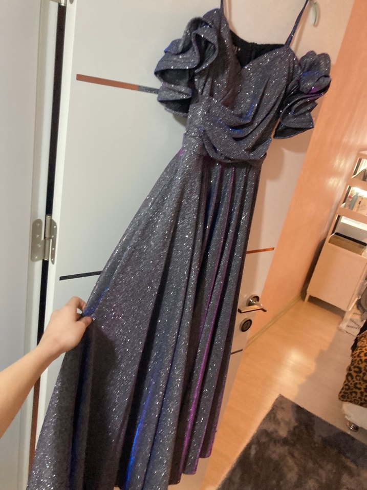 Straplez Drapeli Uzun Mor Abiye Elbise - Görsel 4