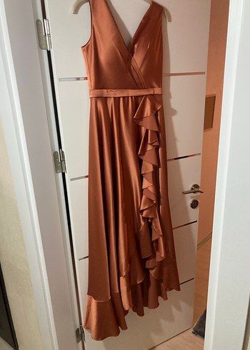 Somon Drapeli V Yaka Uzun Abiye Elbise - Görsel 5