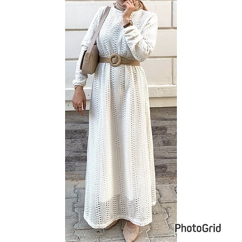 Locco moda beyaz hasır kemerli elbise
