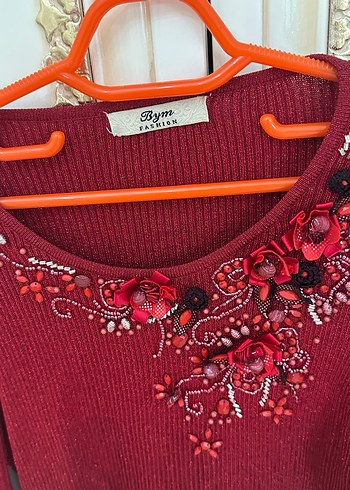 Nakışlı Bordo Triko Kadın Kazak - Görsel 2