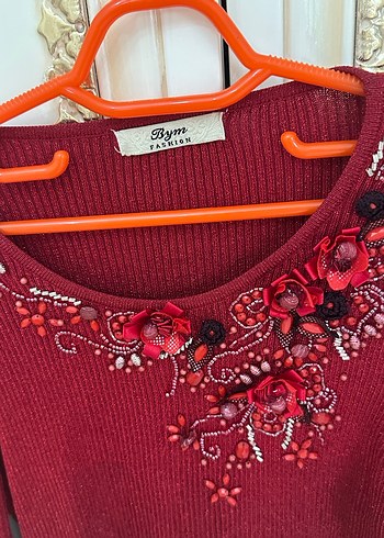Nakışlı Bordo Triko Kadın Kazak - Görsel 5