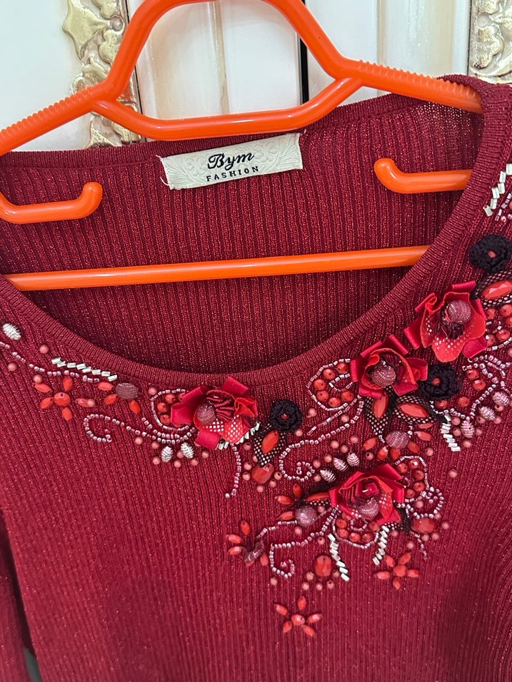 Nakışlı Bordo Triko Kadın Kazak - Görsel 2