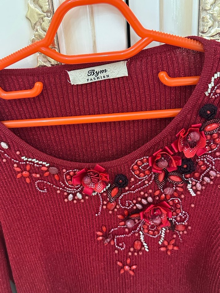 Nakışlı Bordo Triko Kadın Kazak - Görsel 5