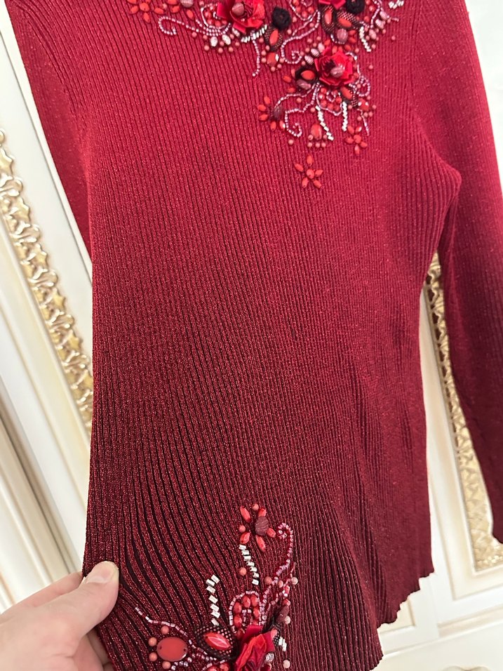 Nakışlı Bordo Triko Kadın Kazak - Görsel 3