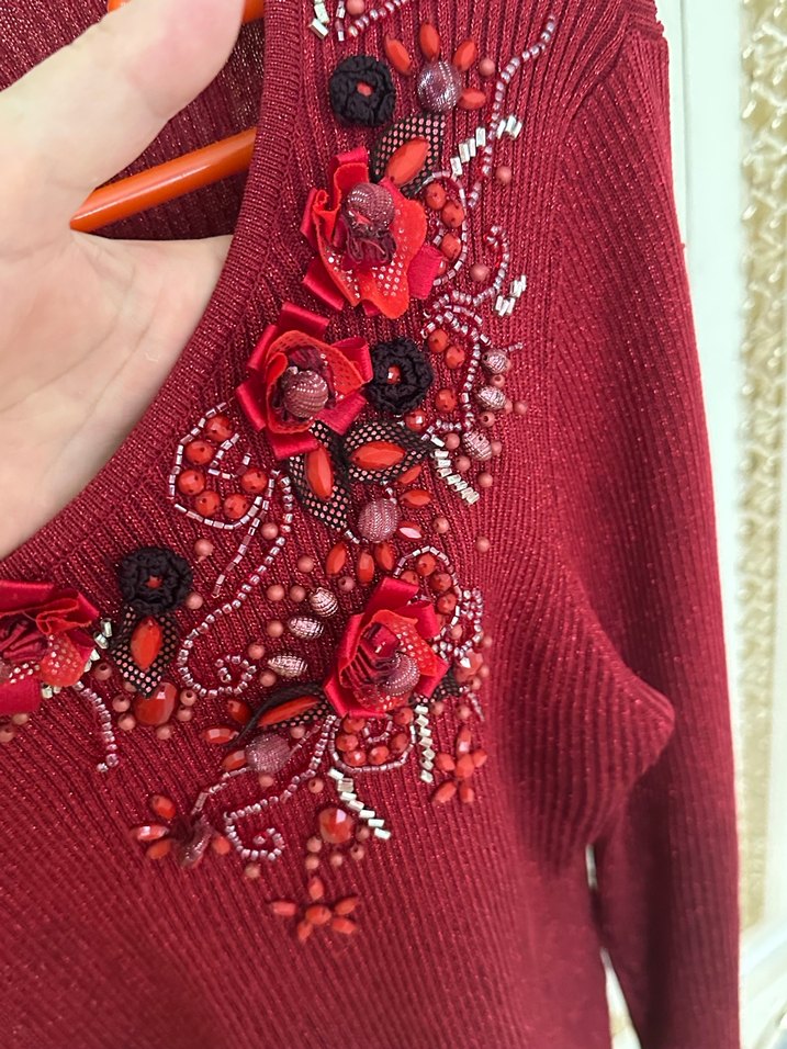 Nakışlı Bordo Triko Kadın Kazak - Görsel 4