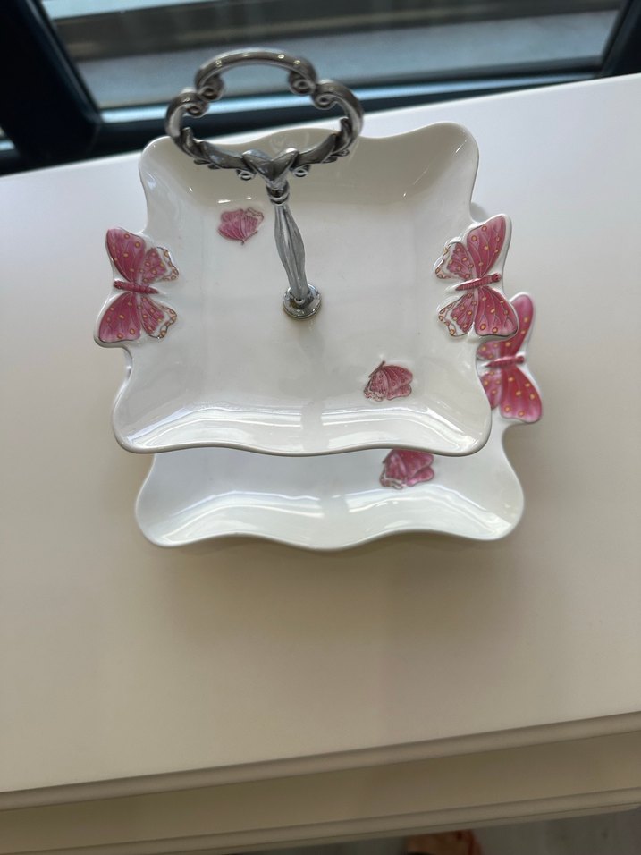 Pembe Kelebekli İki Katlı Servis Tabağı - Görsel 2