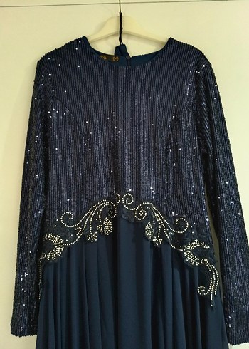 Kadın Lacivert Uzun Kollu İşlemeli Abiye Elbise - Görsel 2